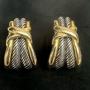 Vintage 2Tone Robe X Shape Wrapped Gold Plated with Sterling Silver Clip Earring